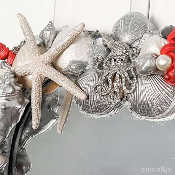 DIY designer bejeweled modern painted seashell mirror