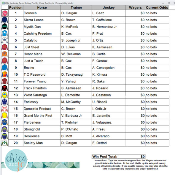 Kentucky Derby Betting Pool Spreadsheet (2024)