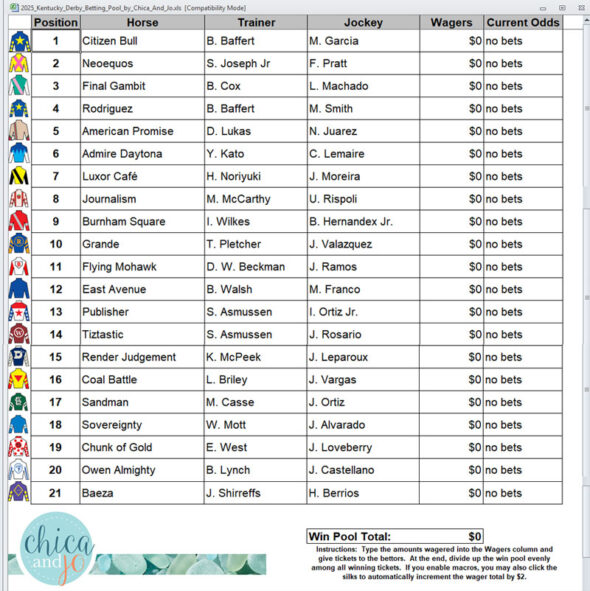 Kentucky Derby Betting Pool Spreadsheet (2025) Kentucky Derby Betting Pool Spreadsheet (2025)