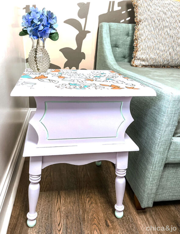 Floral nightstand makeover with wallpaper