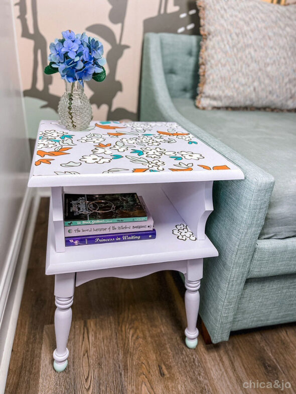 Floral nightstand makeover with wallpaper