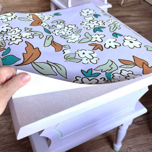 Floral nightstand makeover with wallpaper