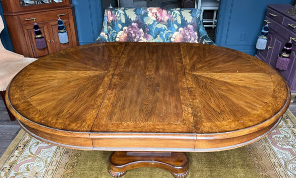 Unique layered resin dining room table with old world Italian fresco design