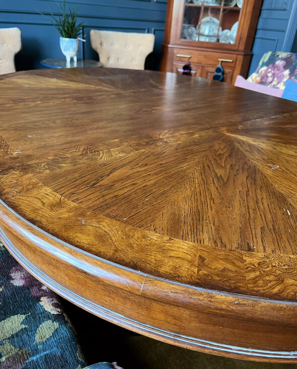 Unique layered resin dining room table with old world Italian fresco design
