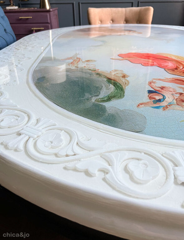 Unique layered resin dining room table with old world Italian fresco design