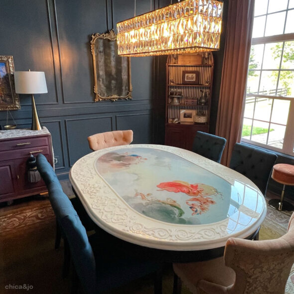 Unique layered resin dining room table with old world Italian fresco design