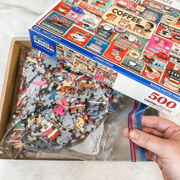 store puzzle pieces in a plastic bag to prevent loss if you drop them