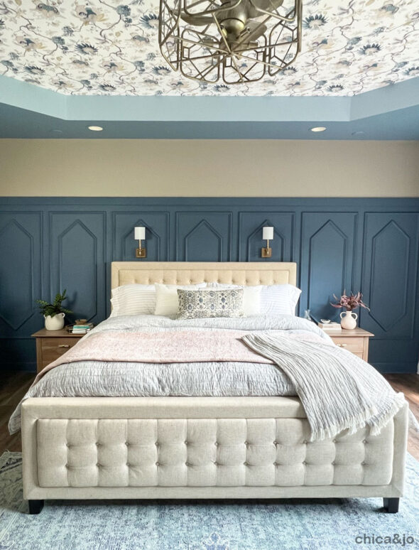 bedroom makeover accent wall and wallpapered tray ceiling