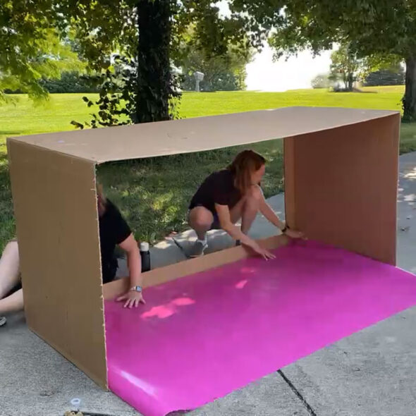 DIY Barbie box photo booth - covering sides with pink