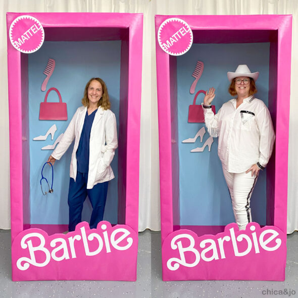 DIY Barbie box photo booth - doctor barbie and western barbie