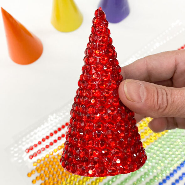 diy rhinestone gem christmas trees - red cone finished