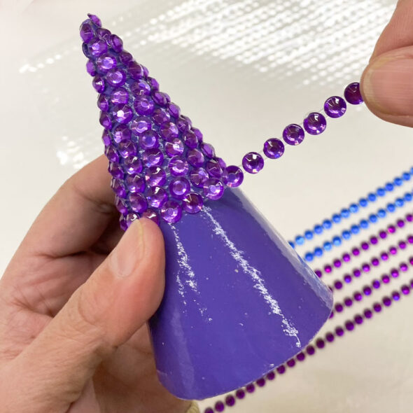 diy rhinestone gem christmas trees - adding purple gems