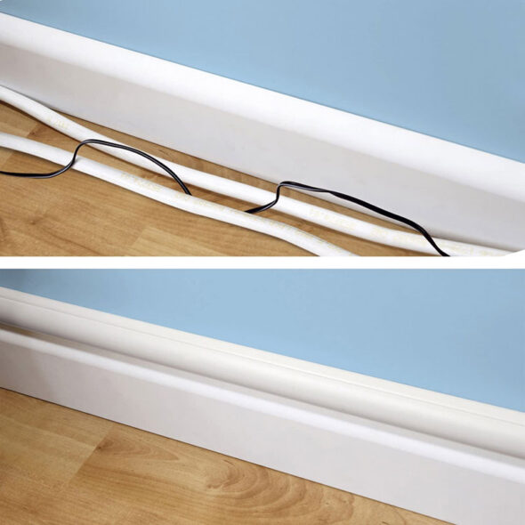 organize tv cords with a baseboard raceway