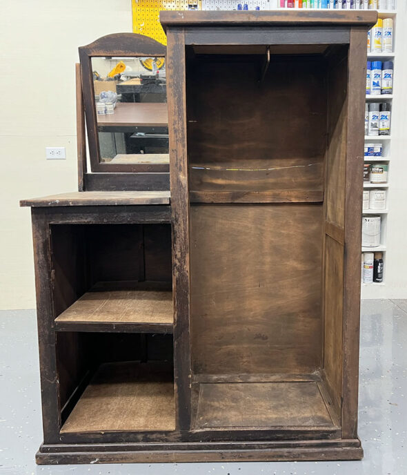 guest room essentials in a thrifted cabinet for amenities - thrifted cabinet BEFORE