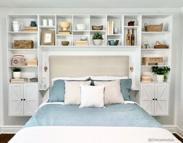 guest room makeover with built-in headboard from bookcases